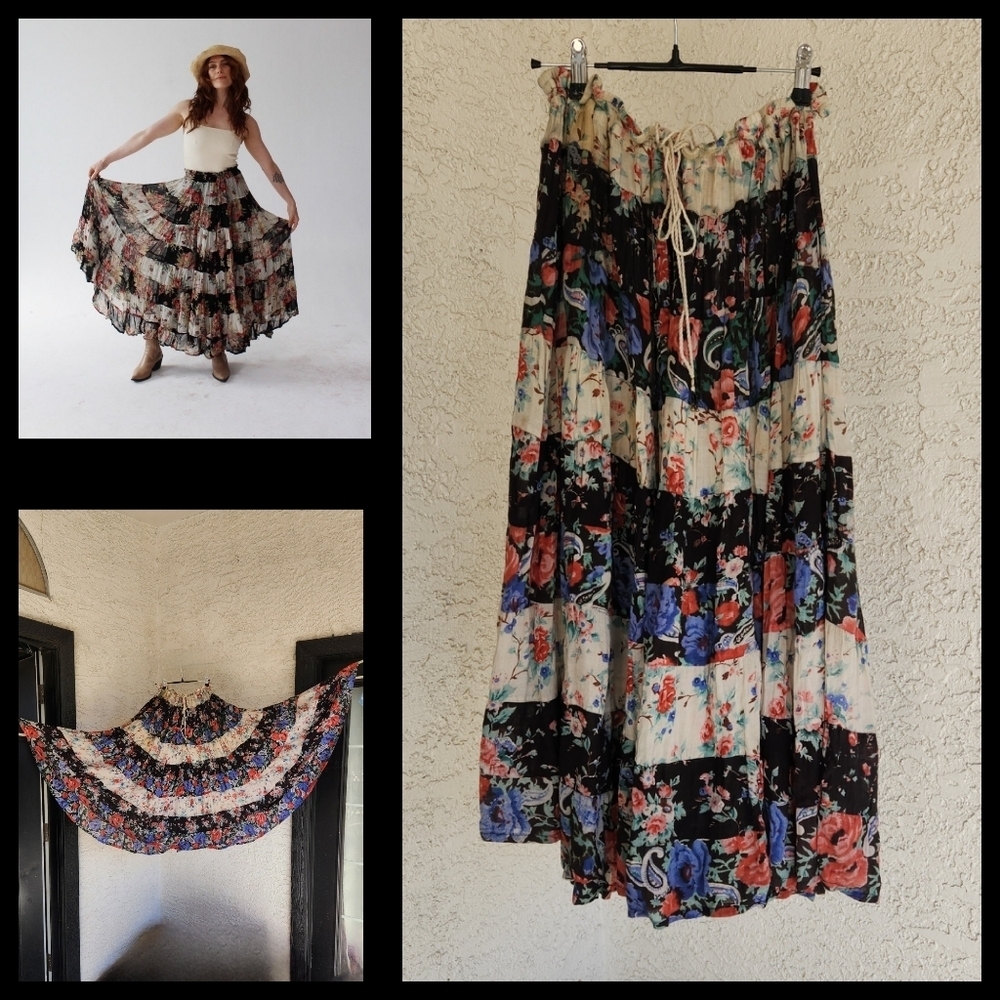 PATCHWORK FORAL SKIRT- 90s Boho Witchy Flowy Hippie Black Loose Swinging Long Co